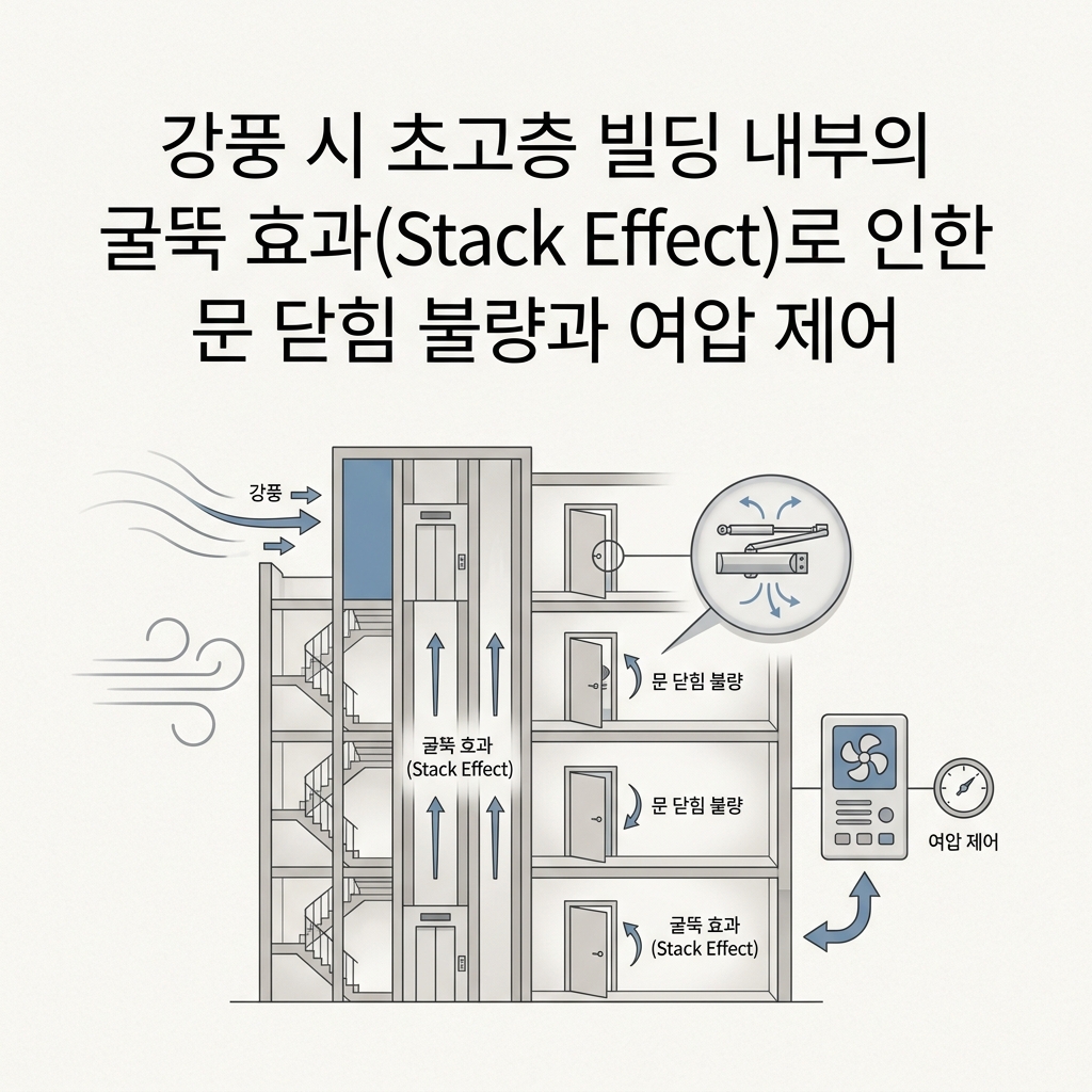 강풍 시 초고층 빌딩 내부의 굴뚝 효과(Stack Effect)로 인한 문 닫힘 불량과 여압 제어