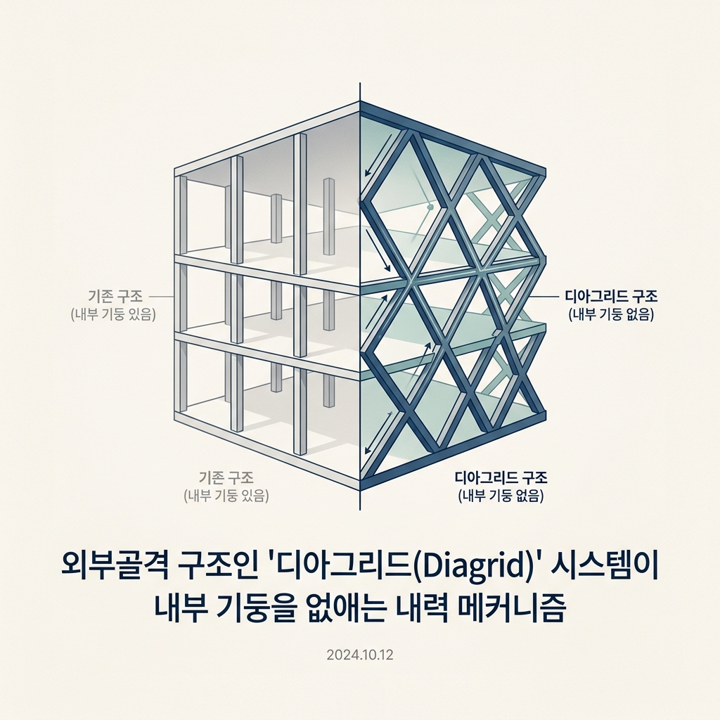 외부골격 구조인 '디아그리드(Diagrid)' 시스템이 내부 기둥을 없애는 내력 메커니즘
