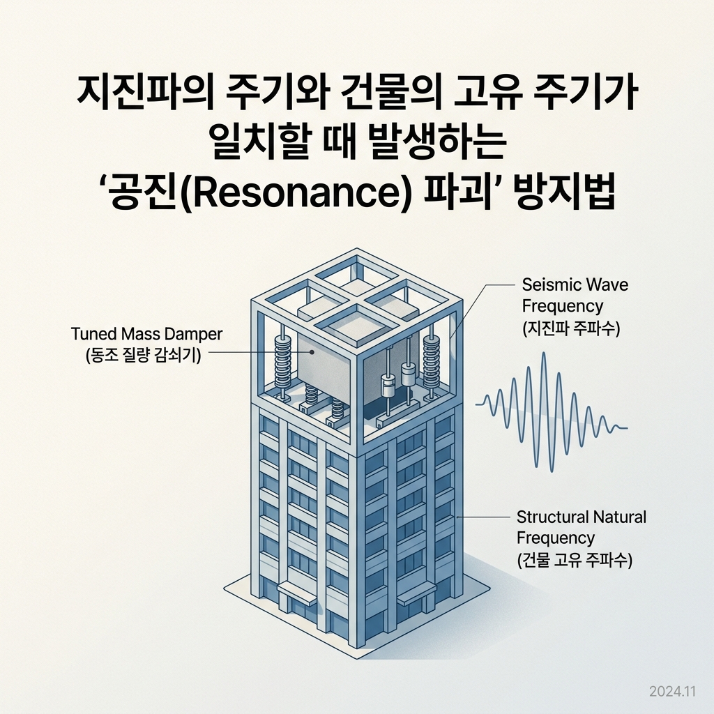 지진파의 주기와 건물의 고유 주기가 일치할 때 발생하는 '공진(Resonance) 파괴' 방지법